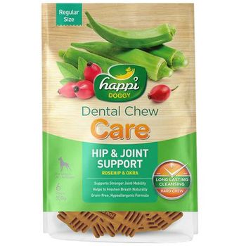 Happi Doggy Dental Chew Care Hard Chew Hip & Joint Support Rosehip & Okra Regular 150g