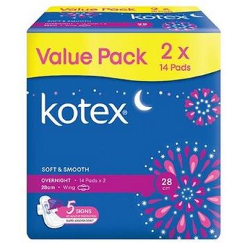 Kotex Soft and Smooth Overnight Wing 28cm 2x14s
