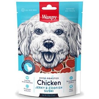 Wanpy Dog Treat Oven Roasted Chicken Jerky And Codfish Sushi 100g