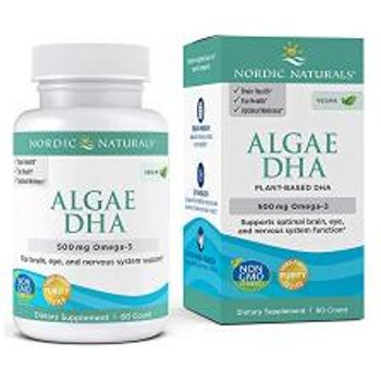 Nordic Naturals Algae DHA 500mg Omega-3 DHA 60 Soft Gels Certified Vegan Algae Oil Plant-Based DHA Brain Eye & Nervous System Support Non-gmO 30 Servings