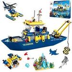 City Ocean Exploration Ship Building Kit Includes Ship Helicopter Submarine Coral Reef Kyanite Shark Mobula Oceans Exploration Inspired Ocean Toy For Kids Aged 6 And Up 753 Pieces
