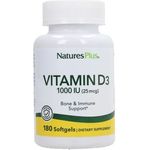 NaturesPlus Vitamin D3 Cholecalciferol 1000 IU 180 Softgels Bone Health Heart Health & Immune System Support Supplement Bioavailable Active Form Gluten 180 Servings
