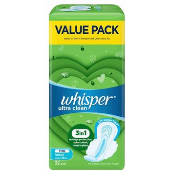 Whisper Ultra Clean Heavy Flow Wings Sanitary 32 pads 28cm