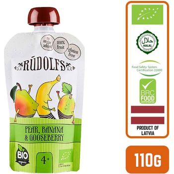 Rudolfs Organic Pear Banana And Gooseberry 4 Months 110g