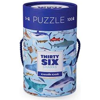 Crocodile Creek 4054-8 Shark Piece Puzzle In Canister Jigsaw Floorpuzzle 14" X 19" Blue green orange/red/pink