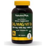 NaturesPlus Cal Mag VIT D3 with K2-1200mg 600mg 1000 IU 180 Tablets Bone Health Supplement with Calcium Magnesium Vitamin D3 and K2 Gluten 45 Servings