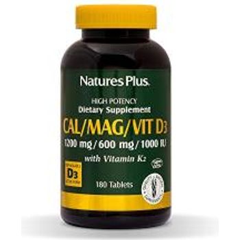 NaturesPlus Cal Mag VIT D3 with K2-1200mg 600mg 1000 IU 180 Tablets Bone Health Supplement with Calcium Magnesium Vitamin D3 and K2 Gluten 45 Servings