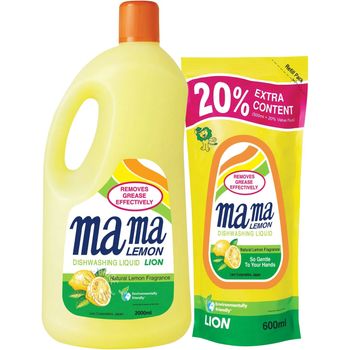 Mama Lemon Dishwashing Liquid Refill Natural Lemon 2L Plus 600ml