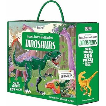 Sassi: Travel, Learn & Explore - Dinosaurs - 205pc Puzzle & 32-Page Book, Jurassic Educational Set