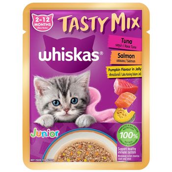 Whiskas Tasty Mix Junior Pouch Tuna Salmon Pumpkin Flavor in Jelly 70g
