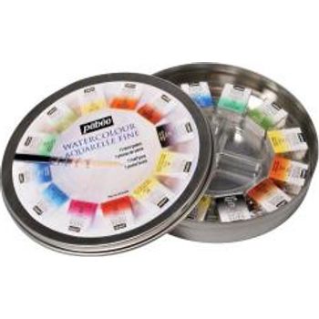 Pebeo 300075 Fine Watercolours Round Metal Box Of 12 Half Pans 1 Brush And 1 Palette