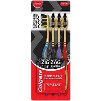 Colgate ZigZag Charcoal Toothbrush Medium For Adults 4pcs
