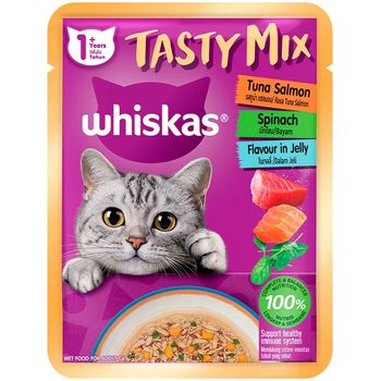 Whiskas Tasty Mix Pouch Tuna Salmon Spinach Flavor in Jelly 70g