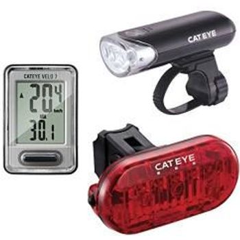 CATEYE, Go Kit Wired with HL-EL135 Headlight, Velo 7 Cycle Computer, and Omni 3 Rear Bike Light