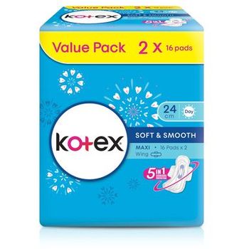 Kotex Soft & Smooth Maxi Wing 24cm 2 Packs x 16pcs