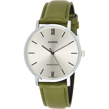 Casio Mtp-vt01l-3b Men's Minimalistic Silver Dial Green Leather Band Analog Watch