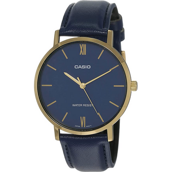 Casio Mtp-vt01gl-2b Men's Minimalistic Gold Tone Blue Leather Band Blue Dial 3-hand Analog Watch