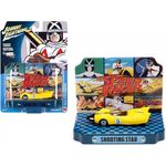 Johnny Lightning Racer X Shooting Star #9 Yellow with Collectible Tin Display Speed Racer 1/64 Diecast Model Car