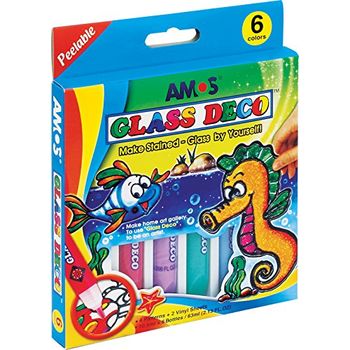 Amos Peelable 6 Colour Glass Paints and Stain Kit with Outliners