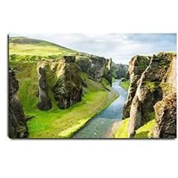 Viubgcps Canvas Print Pictures Wall Art Painting Fjadrargljufur Canyon With River And Big Rocks Fantastic Stock Framed Stretched Posters Ready To Hang Home Decor Artworks 20x32inch