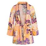 Ulla Popken Womenswear Plus Size Curvy Oversize Patchwork Print Open Front Belted Crepe Kimono Light Pink Multi 58 809538808