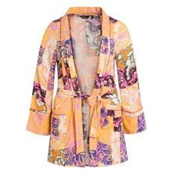 Ulla Popken Womenswear Plus Size Curvy Oversize Patchwork Print Open Front Belted Crepe Kimono Light Pink Multi 58 809538808