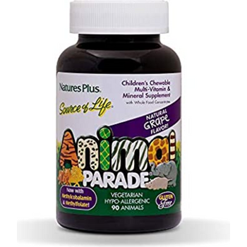 NaturesPlus Animal Parade Source of Life Children's Chewable Multivitamin Grape Flavor 90 Animal Shaped Tablets Promotes Health and Wellbeing Vegetarian Gluten 45 Servings