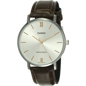 Casio Mtp-vt01l-7b2 Men's Minimalistic Silver Dial Brown Leather Band Analog Watch