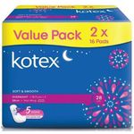 Kotex Soft & Smooth Overnight Non Wing 28cm 2x16Pads