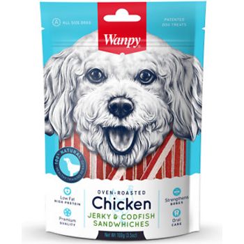 Wanpy Chicken Jerky And Codfish Sandwiches 100g Dog Treats Training Reward
