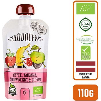 Rudolfs Organic Apple Banana Strawberry and Cream 6 Months 110g